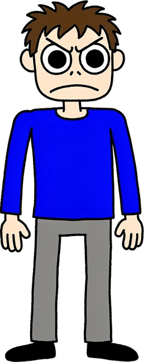 A badly drawn annoyed man in a blue shirt.